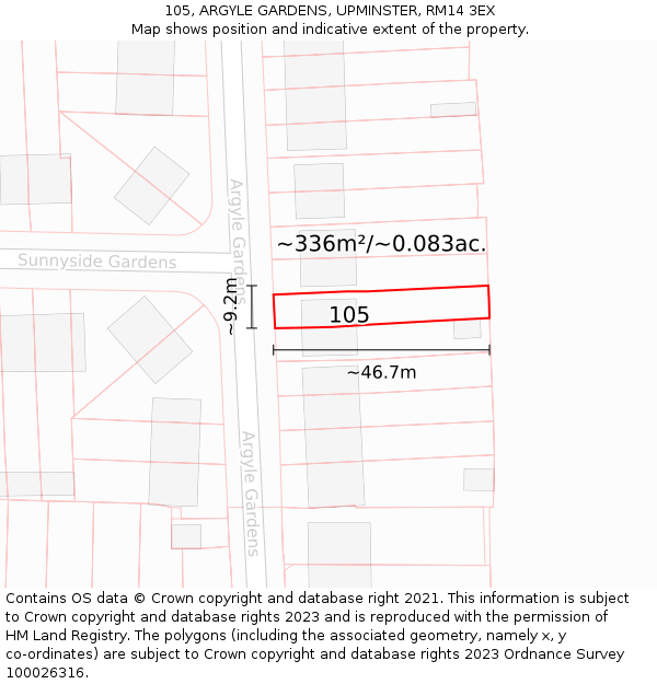 105, ARGYLE GARDENS, UPMINSTER, RM14 3EX: Plot and title map