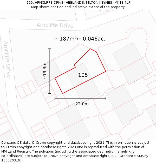 105, ARNCLIFFE DRIVE, HEELANDS, MILTON KEYNES, MK13 7LF: Plot and title map