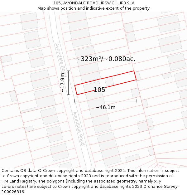 105, AVONDALE ROAD, IPSWICH, IP3 9LA: Plot and title map