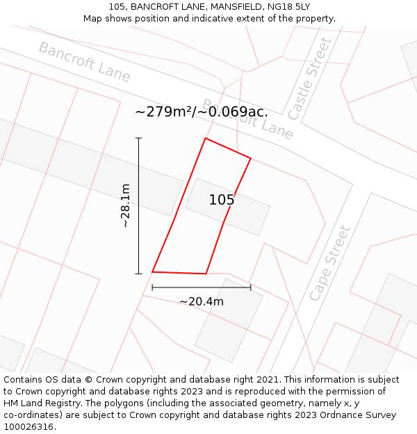 105, BANCROFT LANE, MANSFIELD, NG18 5LY: Plot and title map