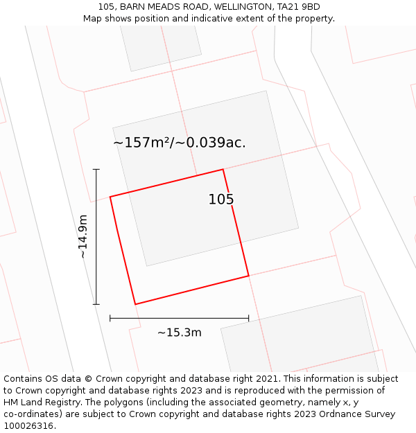 105, BARN MEADS ROAD, WELLINGTON, TA21 9BD: Plot and title map