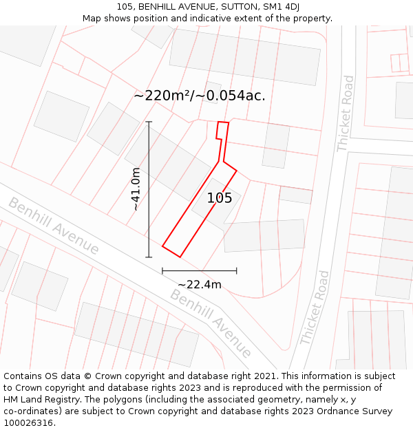 105, BENHILL AVENUE, SUTTON, SM1 4DJ: Plot and title map