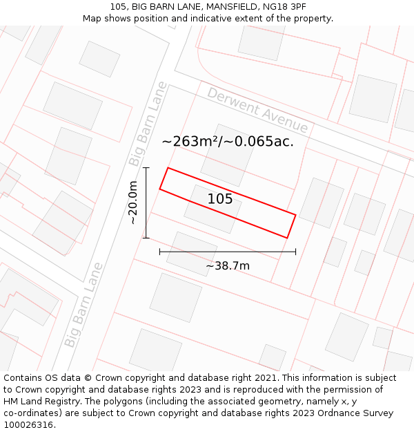 105, BIG BARN LANE, MANSFIELD, NG18 3PF: Plot and title map