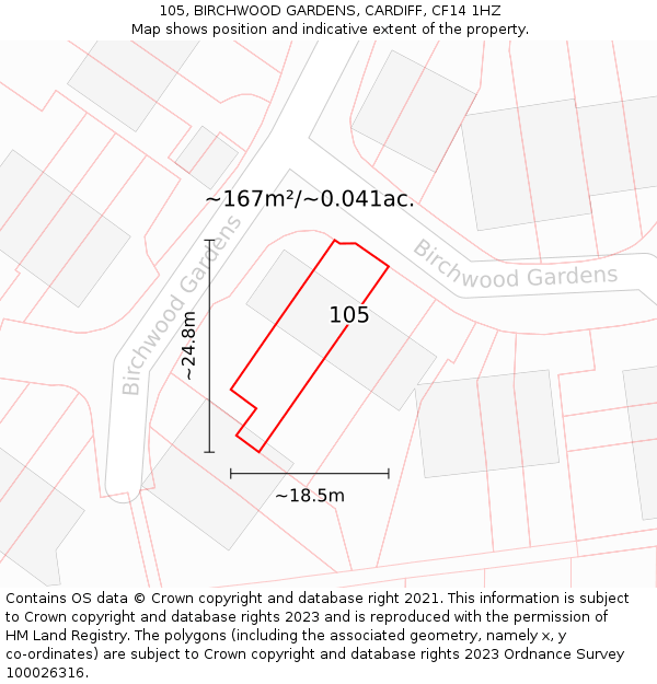 105, BIRCHWOOD GARDENS, CARDIFF, CF14 1HZ: Plot and title map