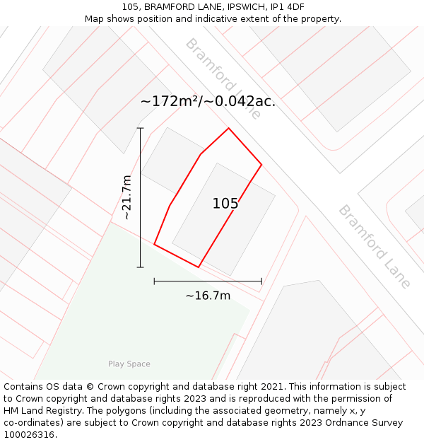 105, BRAMFORD LANE, IPSWICH, IP1 4DF: Plot and title map