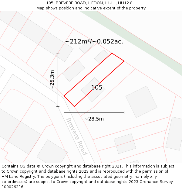 105, BREVERE ROAD, HEDON, HULL, HU12 8LL: Plot and title map