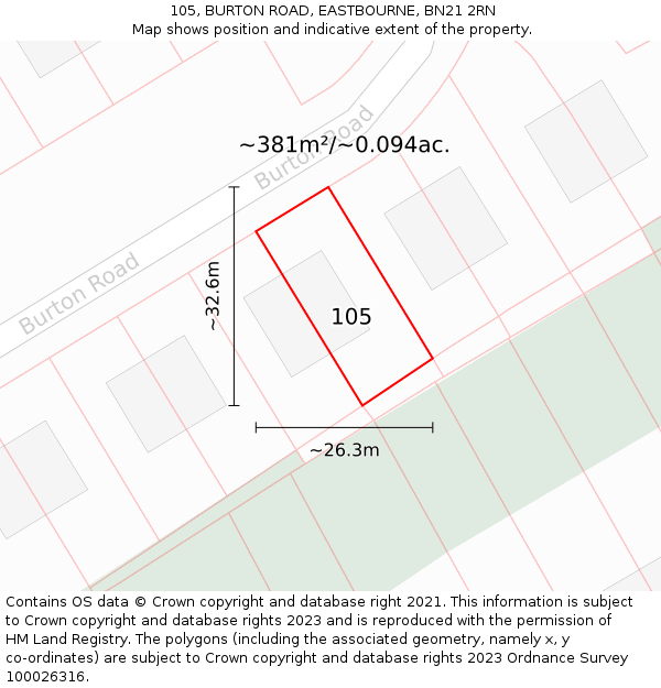 105, BURTON ROAD, EASTBOURNE, BN21 2RN: Plot and title map