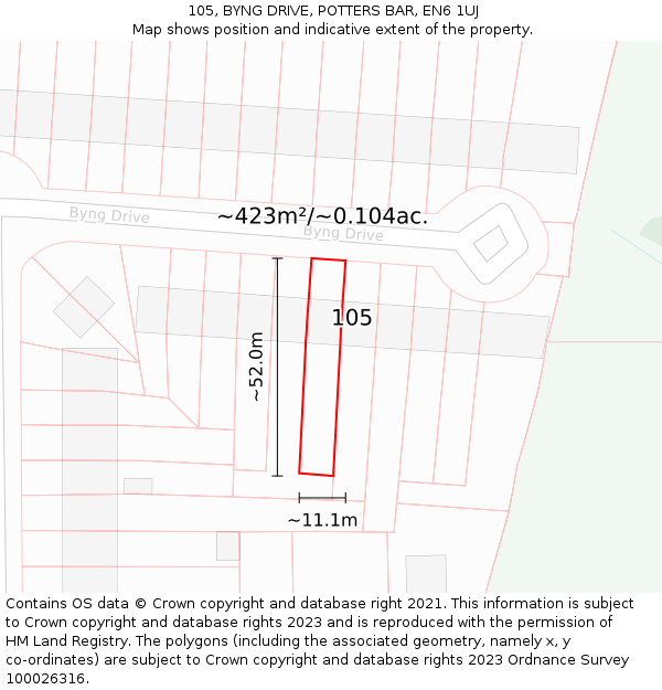 105, BYNG DRIVE, POTTERS BAR, EN6 1UJ: Plot and title map