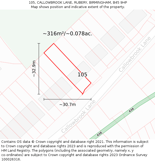 105, CALLOWBROOK LANE, RUBERY, BIRMINGHAM, B45 9HP: Plot and title map