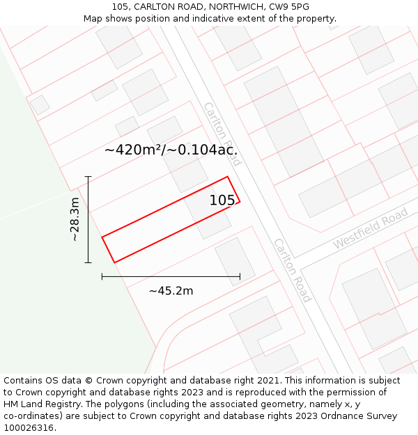 105, CARLTON ROAD, NORTHWICH, CW9 5PG: Plot and title map