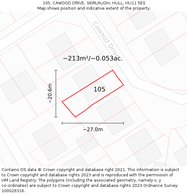 105, CAWOOD DRIVE, SKIRLAUGH, HULL, HU11 5ES: Plot and title map