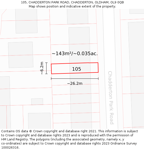 105, CHADDERTON PARK ROAD, CHADDERTON, OLDHAM, OL9 0QB: Plot and title map