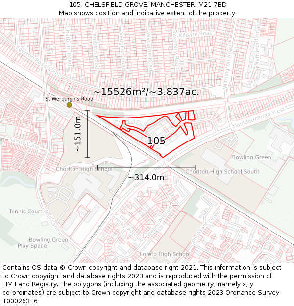 105, CHELSFIELD GROVE, MANCHESTER, M21 7BD: Plot and title map