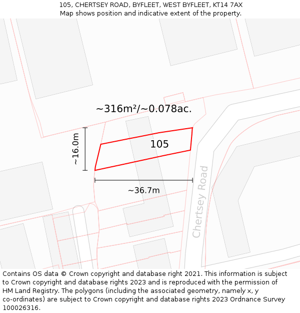 105, CHERTSEY ROAD, BYFLEET, WEST BYFLEET, KT14 7AX: Plot and title map