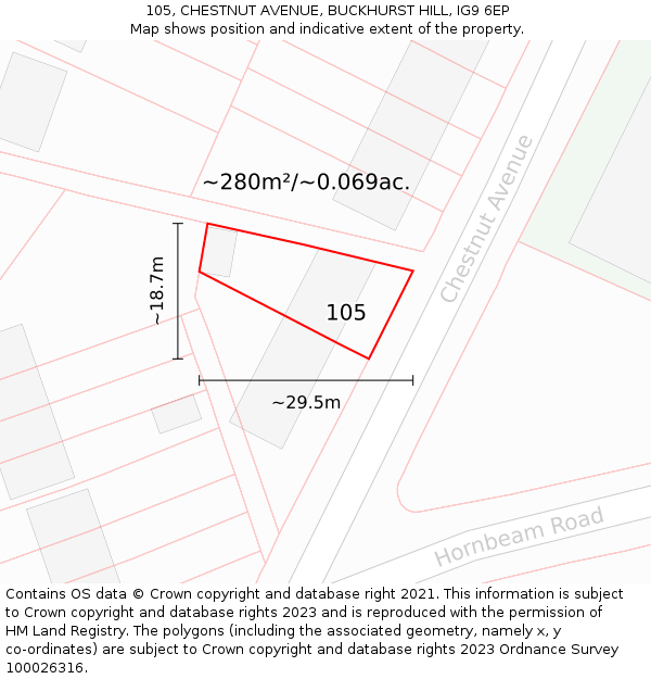 105, CHESTNUT AVENUE, BUCKHURST HILL, IG9 6EP: Plot and title map