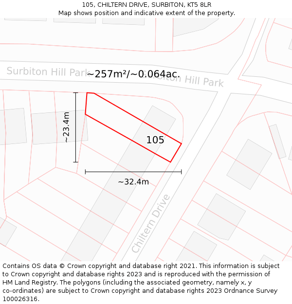 105, CHILTERN DRIVE, SURBITON, KT5 8LR: Plot and title map