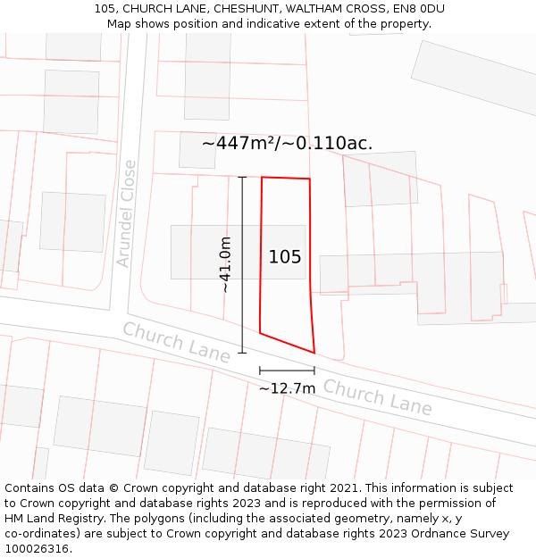 105, CHURCH LANE, CHESHUNT, WALTHAM CROSS, EN8 0DU: Plot and title map