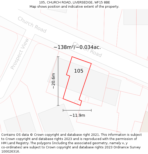 105, CHURCH ROAD, LIVERSEDGE, WF15 8BE: Plot and title map