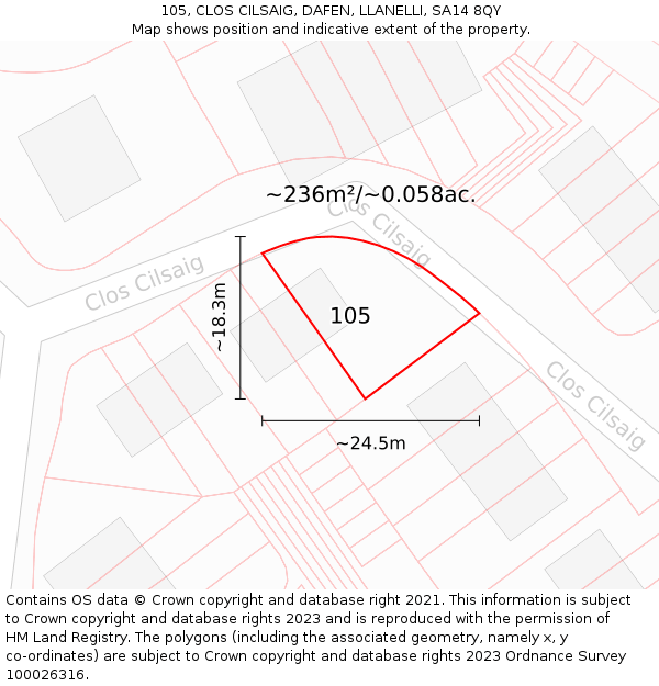 105, CLOS CILSAIG, DAFEN, LLANELLI, SA14 8QY: Plot and title map