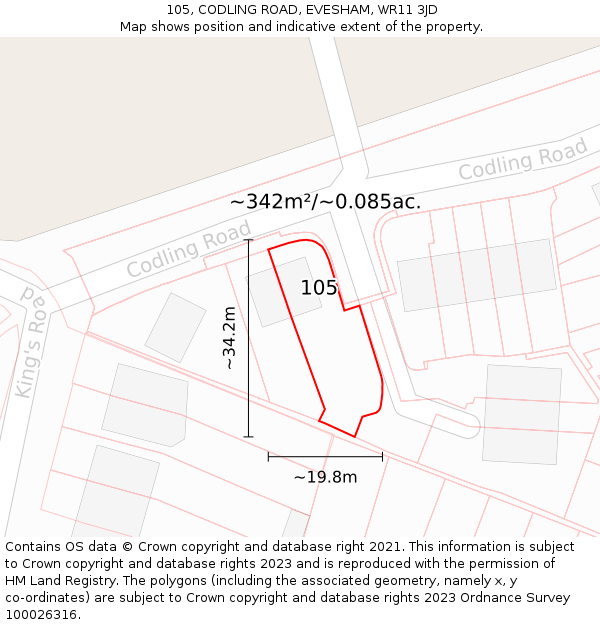 105, CODLING ROAD, EVESHAM, WR11 3JD: Plot and title map