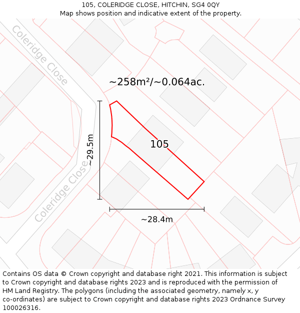 105, COLERIDGE CLOSE, HITCHIN, SG4 0QY: Plot and title map