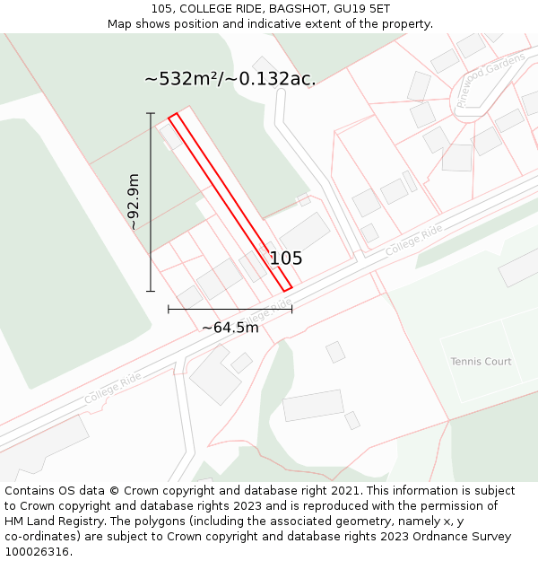 105, COLLEGE RIDE, BAGSHOT, GU19 5ET: Plot and title map