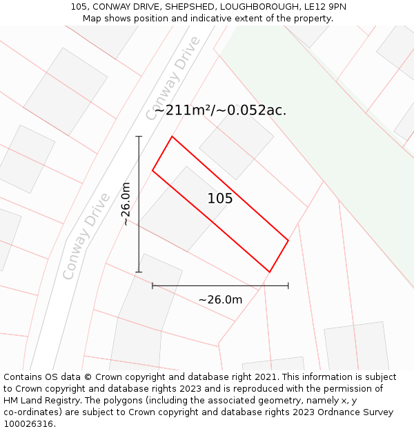 105, CONWAY DRIVE, SHEPSHED, LOUGHBOROUGH, LE12 9PN: Plot and title map