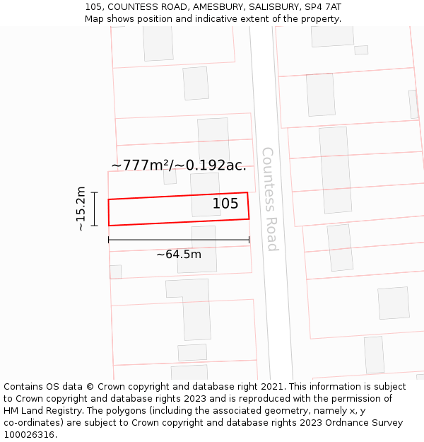 105, COUNTESS ROAD, AMESBURY, SALISBURY, SP4 7AT: Plot and title map