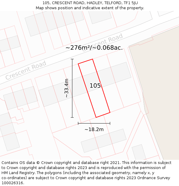 105, CRESCENT ROAD, HADLEY, TELFORD, TF1 5JU: Plot and title map