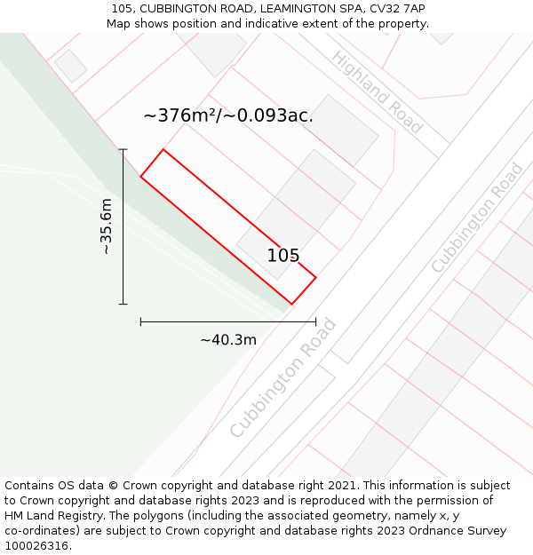 105, CUBBINGTON ROAD, LEAMINGTON SPA, CV32 7AP: Plot and title map