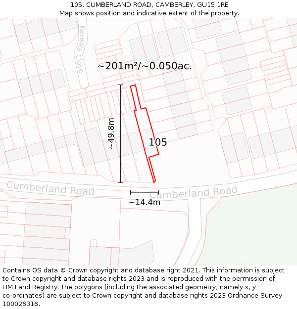 105, CUMBERLAND ROAD, CAMBERLEY, GU15 1RE: Plot and title map