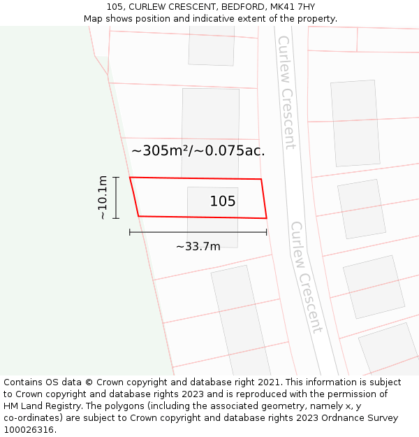 105, CURLEW CRESCENT, BEDFORD, MK41 7HY: Plot and title map