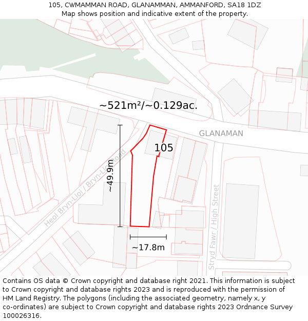 105, CWMAMMAN ROAD, GLANAMMAN, AMMANFORD, SA18 1DZ: Plot and title map