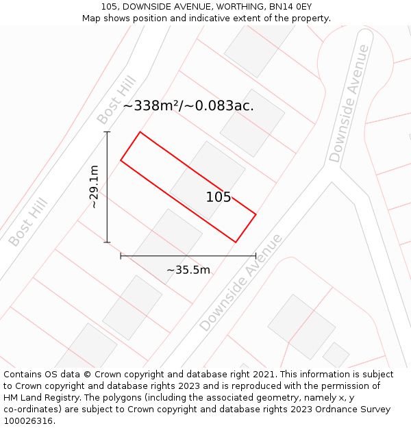 105, DOWNSIDE AVENUE, WORTHING, BN14 0EY: Plot and title map