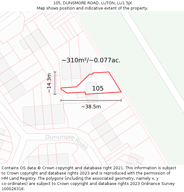 105, DUNSMORE ROAD, LUTON, LU1 5JX: Plot and title map