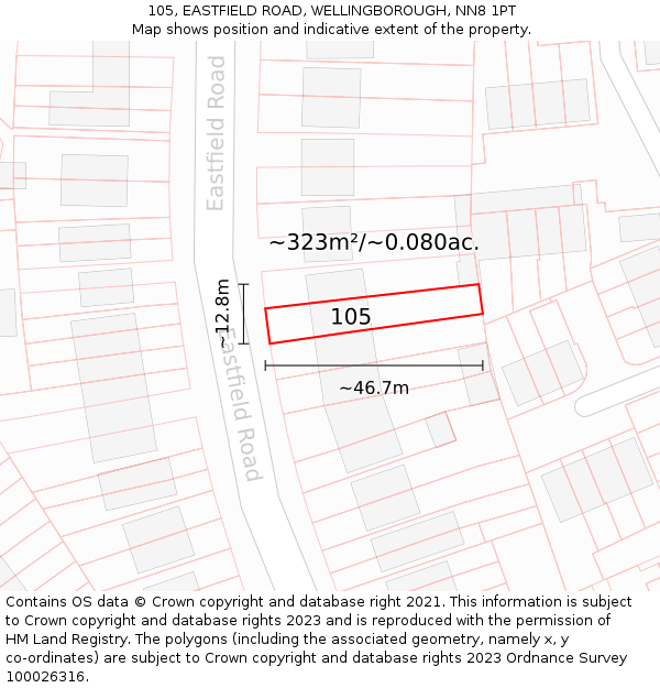 105, EASTFIELD ROAD, WELLINGBOROUGH, NN8 1PT: Plot and title map