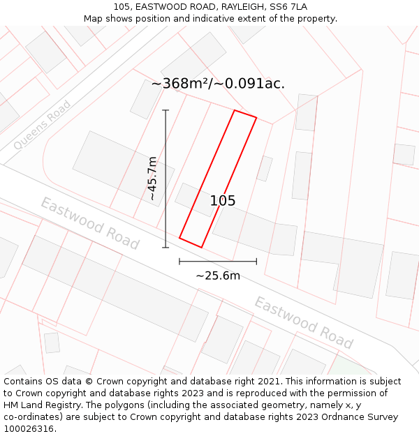 105, EASTWOOD ROAD, RAYLEIGH, SS6 7LA: Plot and title map