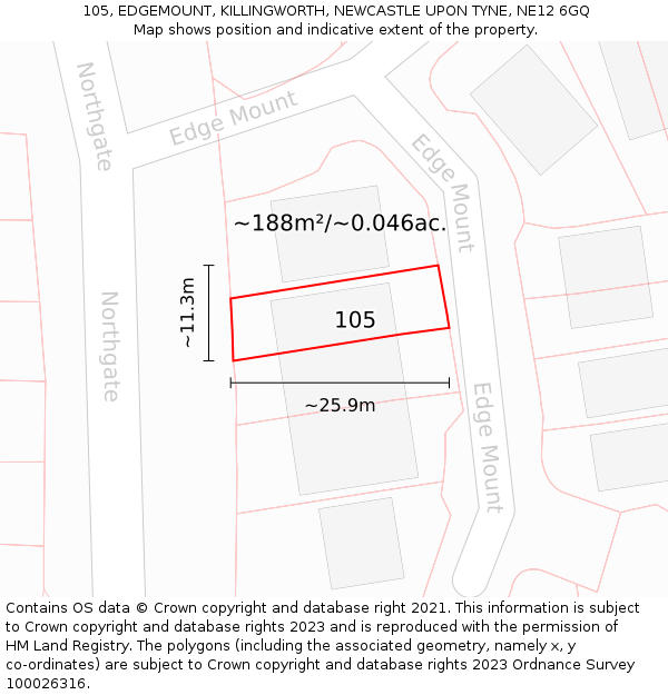 105, EDGEMOUNT, KILLINGWORTH, NEWCASTLE UPON TYNE, NE12 6GQ: Plot and title map