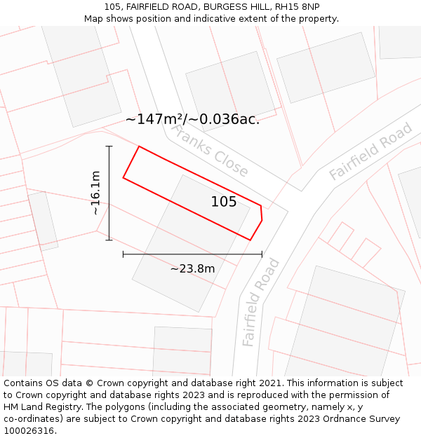 105, FAIRFIELD ROAD, BURGESS HILL, RH15 8NP: Plot and title map