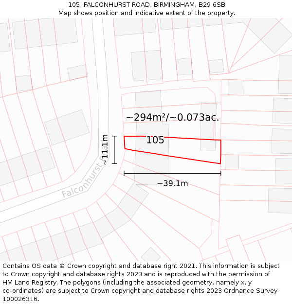 105, FALCONHURST ROAD, BIRMINGHAM, B29 6SB: Plot and title map