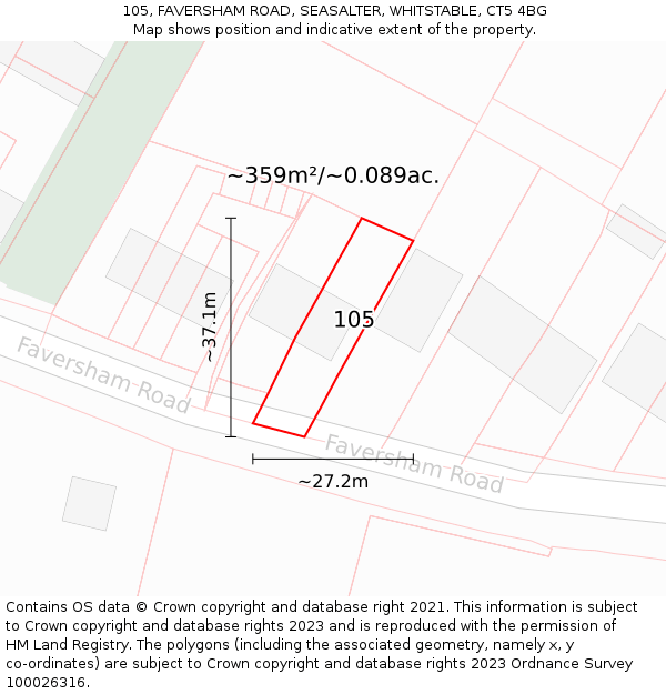 105, FAVERSHAM ROAD, SEASALTER, WHITSTABLE, CT5 4BG: Plot and title map