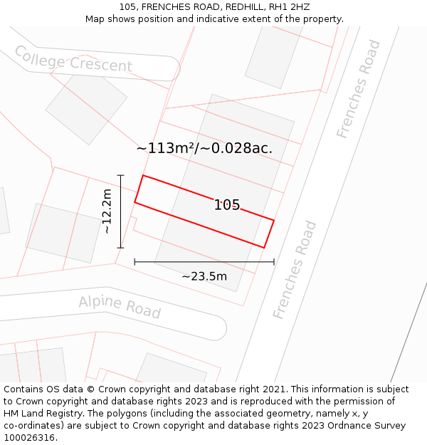 105, FRENCHES ROAD, REDHILL, RH1 2HZ: Plot and title map