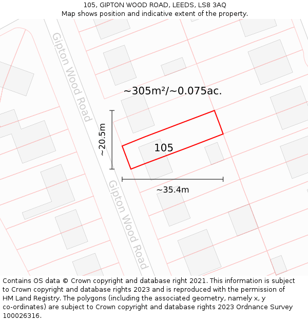 105, GIPTON WOOD ROAD, LEEDS, LS8 3AQ: Plot and title map