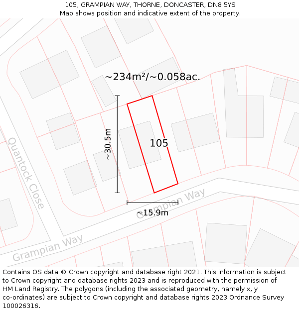 105, GRAMPIAN WAY, THORNE, DONCASTER, DN8 5YS: Plot and title map