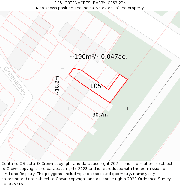 105, GREENACRES, BARRY, CF63 2PN: Plot and title map