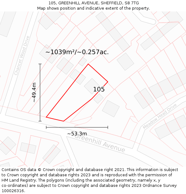 105, GREENHILL AVENUE, SHEFFIELD, S8 7TG: Plot and title map