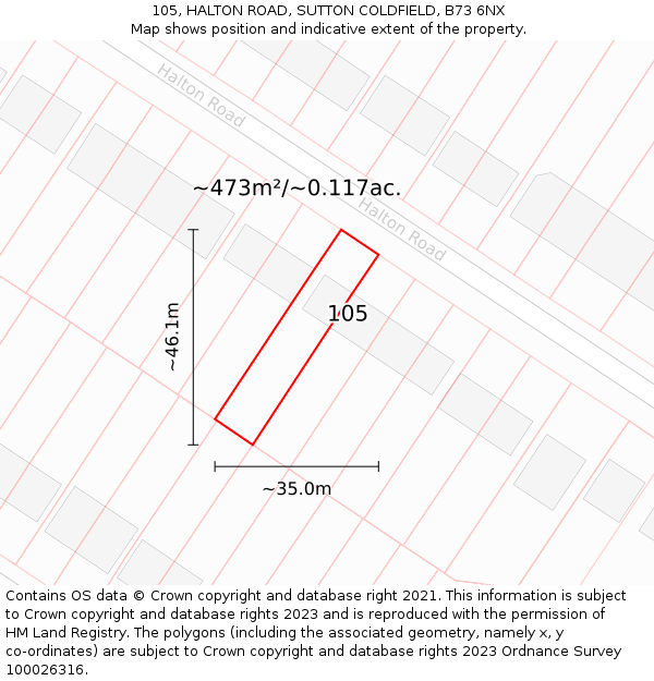 105, HALTON ROAD, SUTTON COLDFIELD, B73 6NX: Plot and title map