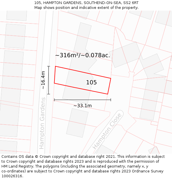 105, HAMPTON GARDENS, SOUTHEND-ON-SEA, SS2 6RT: Plot and title map