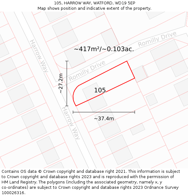 105, HARROW WAY, WATFORD, WD19 5EP: Plot and title map