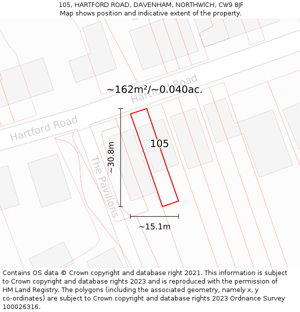 105, HARTFORD ROAD, DAVENHAM, NORTHWICH, CW9 8JF: Plot and title map